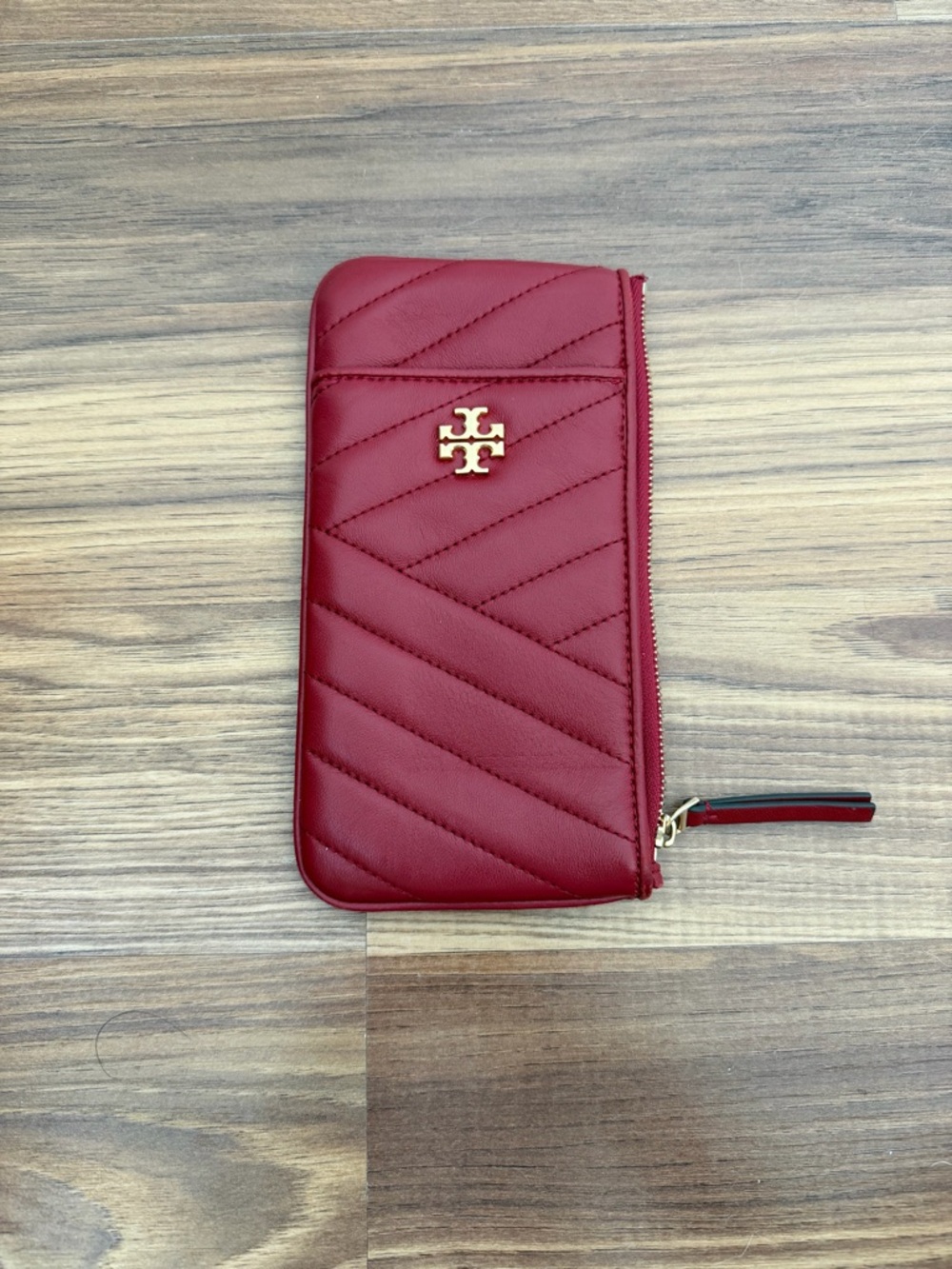 Tory Burch Quilted Red Zip-Around Wallet with Gold Logo